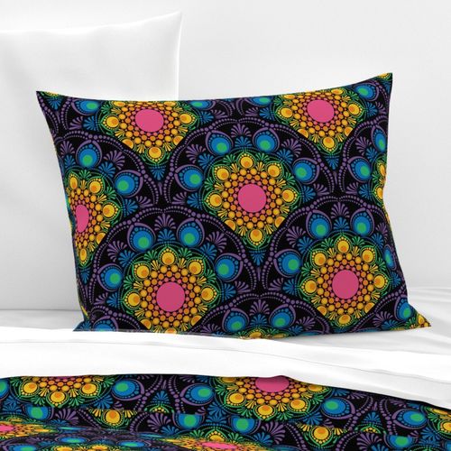 Medium Black Maximalist Rainbow Floral Fountain Art Deco Scallop