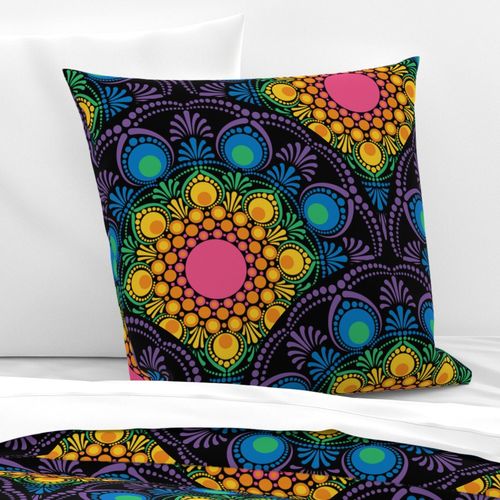 Large Black Maximalist Rainbow Floral Fountain Art Deco Scallop