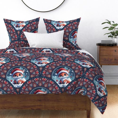 Large Cute Kawaii Christmas Fox Dot Mandala Art Deco Scallops