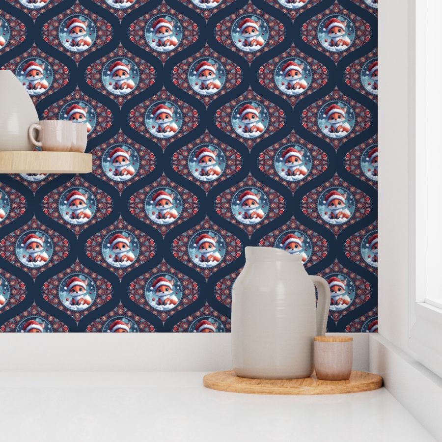 Small Cute Kawaii Christmas Fox Dot Mandala Ogee Damask