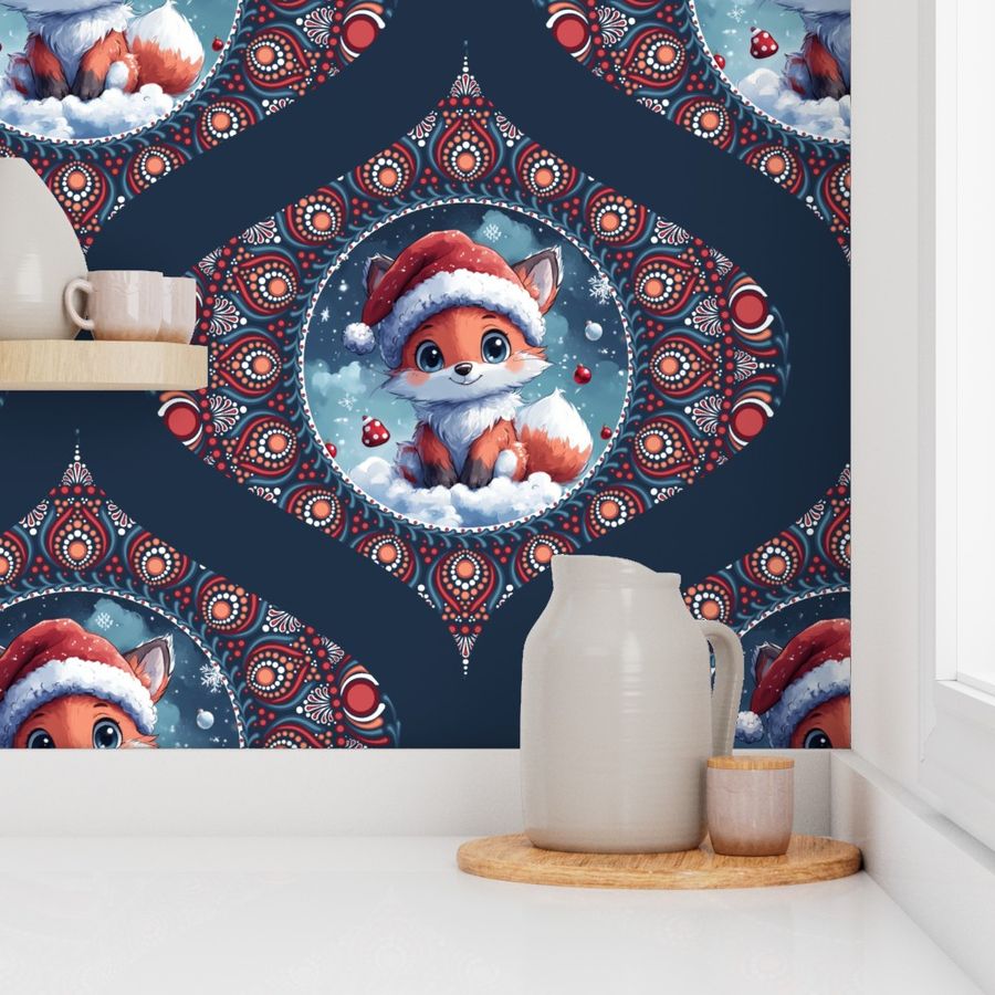 Large Cute Kawaii Christmas Fox Dot Mandala Ogee Damask