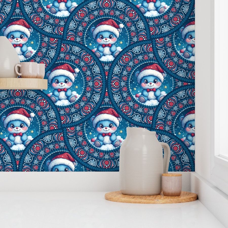 Large Cute Kawaii Christmas Bear Dot Mandala Fun and Festive Art Deco Fans