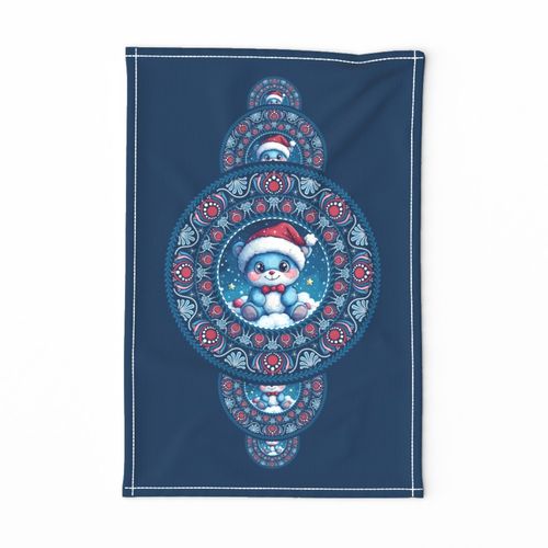 Cute Kawaii Festive Christmas Bear Ornamental Dot Mandala Tea Towel