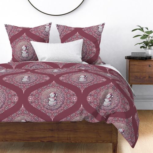 Large Whimsical Pink Snowman Dot Mandala Mid-Century Modern Ogee Damask