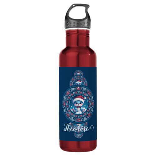Custom Name Holiday Kawaii Bear Ornamental Mandala Stainless Steel Water Bottle