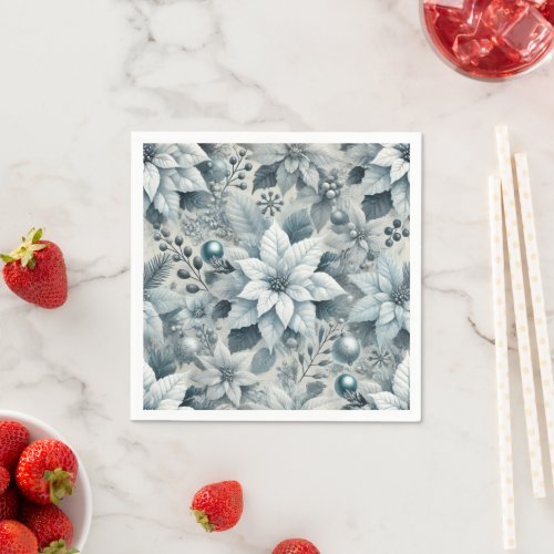 Festive Icy Blue and White Poinsettia Decoupage Napkins