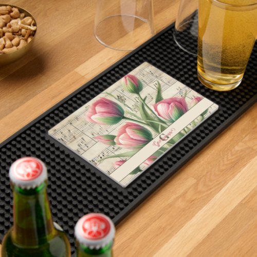 Monogram Pink & Green Vintage Tulips Sheet Music Bar Mat