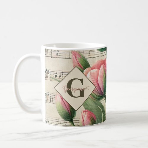 Monogram Pink & Green Vintage Tulips Sheet Music Coffee Mug