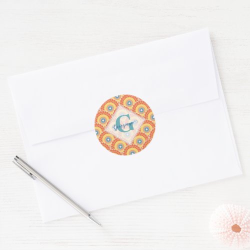Monogrammed Art Deco Aegean Summer Radiant Mandala Classic Round Sticker