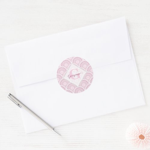 Personalized Art Deco Pink Confetti Lace Mandala Classic Round Sticker