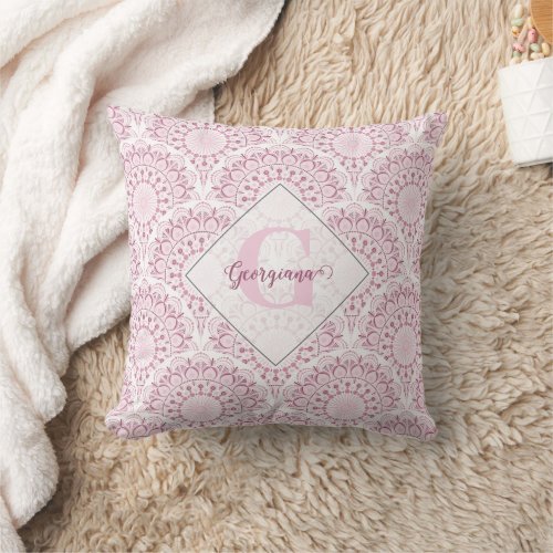 Personalized Art Deco Pink Confetti Lace Mandala Throw Pillow