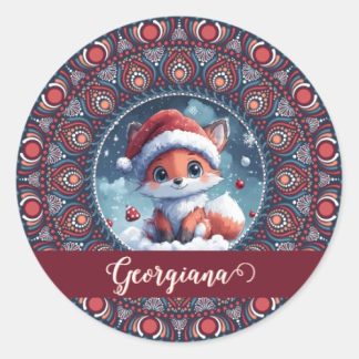 Personalized Cute Christmas Kawaii Fox Dot Mandala Classic Round Sticker