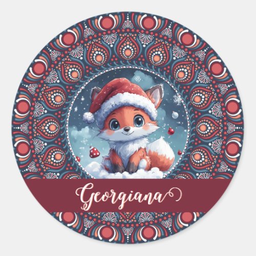 Personalized Cute Christmas Kawaii Fox Dot Mandala Classic Round Sticker