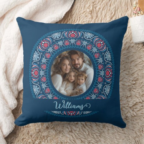 Personalized Family Portrait Blue Festive Mandala Throw Pillow