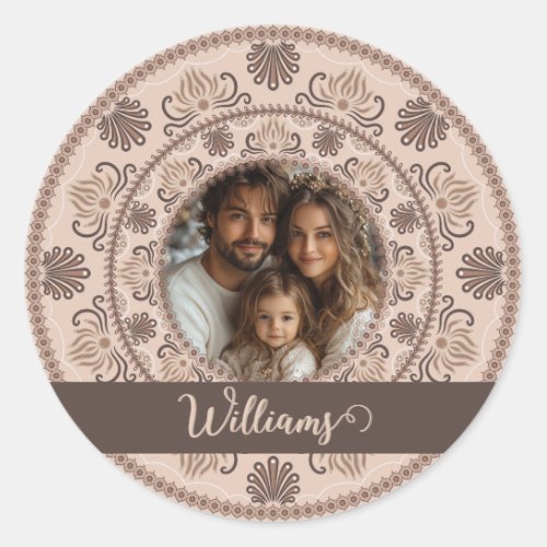 Personalized Family Portrait Warm Neutrals Mandala Classic Round Sticker