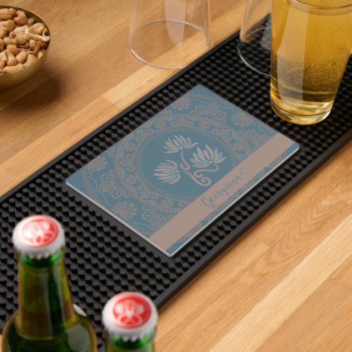 Personalized Golden Teal Rococo Lotus Dot Mandala Bar Mat