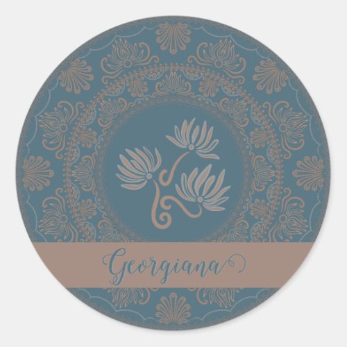 Personalized Golden Teal Rococo Lotus Dot Mandala Classic Round Sticker