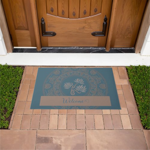 Personalized Golden Teal Rococo Lotus Dot Mandala Doormat
