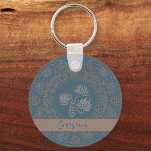 Personalized Golden Teal Rococo Lotus Dot Mandala Keychain