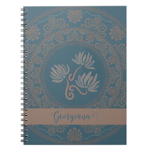 Personalized Golden Teal Rococo Lotus Dot Mandala Notebook