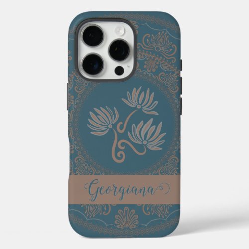Personalized Golden Teal Rococo Lotus Dot Mandala iPhone 16 Pro Case