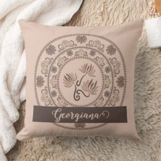 Personalized Mocha Rococo Revival Dot Mandala Throw Pillow