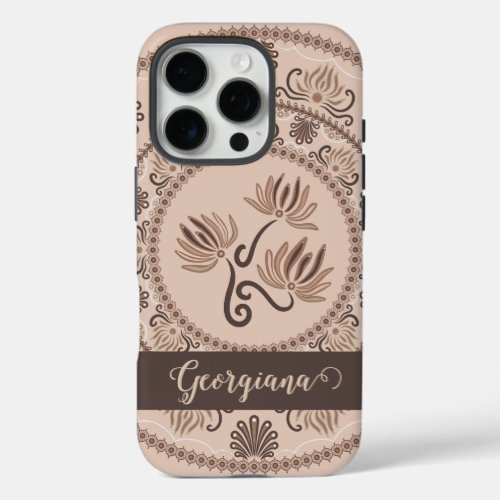 Personalized Mocha Rococo Revival Dot Mandala iPhone 16 Pro Case