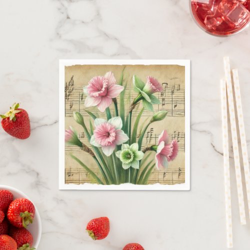 Vintage Music Pink & Green Daffodils Decoupage Napkins