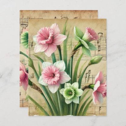 Vintage Music Pink &amp; Green Daffodils Scrapbook
