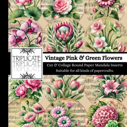 Vintage Pink & Green Flowers Cut and Collage Round Paper Mandala Inserts - Suitable for all kinds of papercrafts.: 24 double-sided matte pages of 8.5 ... 12 clip art images (4 of each) to fussy cut.