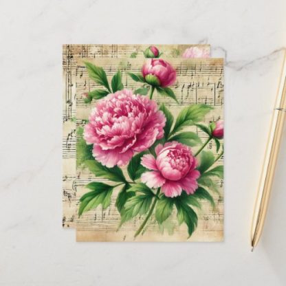 Vintage Pink &amp; Green Peonies Sheet Music Scrapbook