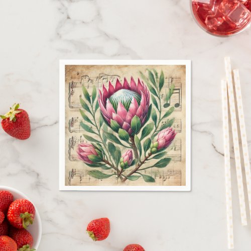 Vintage Pink & Green Proteas Sheet Music Decoupage Napkins