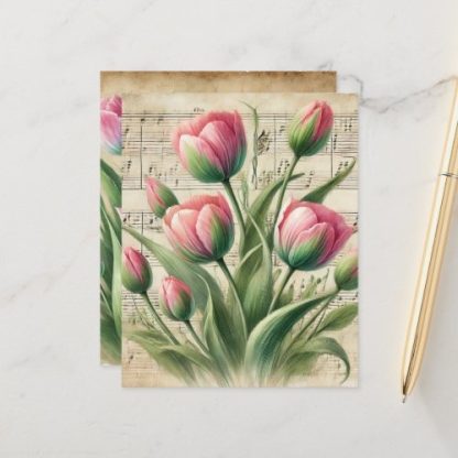 Vintage Pink &amp; Green Tulips Sheet Music Scrapbook