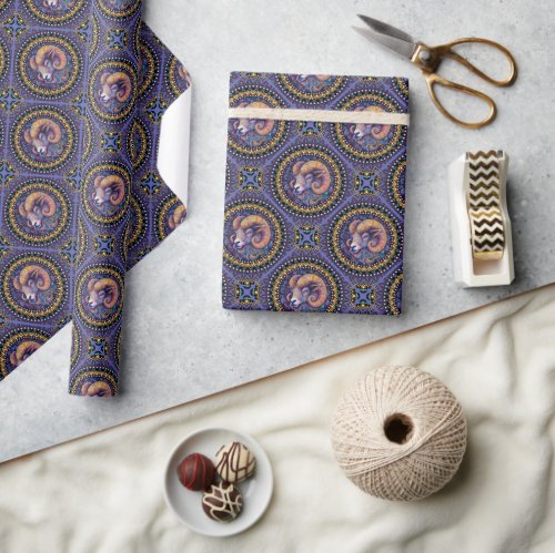 Whimsical Aries Astrology Mandala Geometric Tile Wrapping Paper