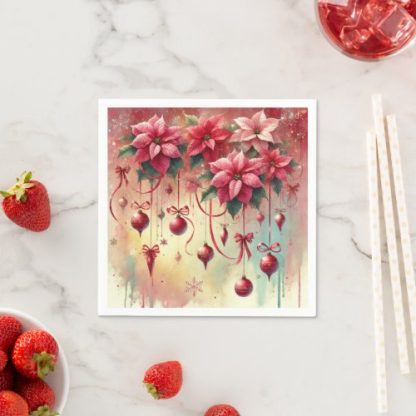 Whimsical Festive Poinsettia Baubles Decoupage Napkins