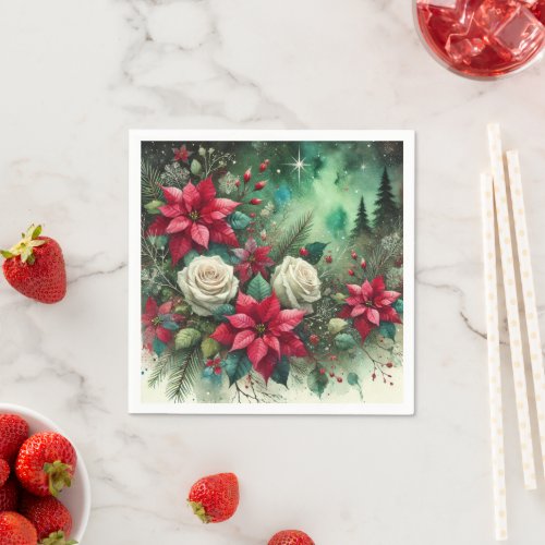 Whimsical Festive Poinsettia Evergreen Decoupage Napkins