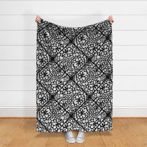 24” Black and White Blooming Doodle Geo Diamond Tile - Large