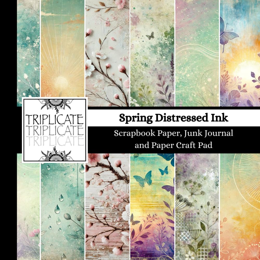 Spring Distressed Ink Scrapbook Paper, Junk Journal and Paper Craft Pad: 24 double-sided matte pages of 8.5 x 8.5 inch 60lb (90gsm) decorative craft paper of 12 background designs (4 of each design)