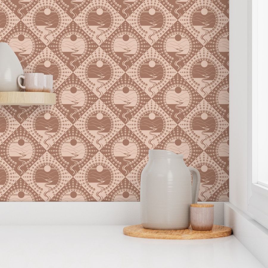 Small Mocha Minimalist Landscape Relaxed Elegance Mandala Diamond Tile
