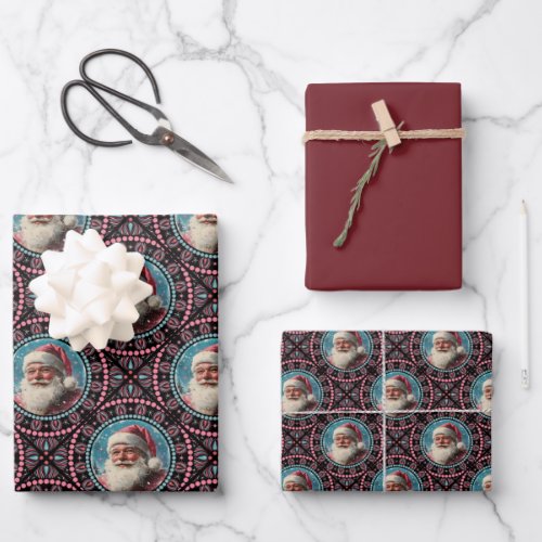 Pink and Teal Retro Santa Mandala Geometric Tile Wrapping Paper Sheets