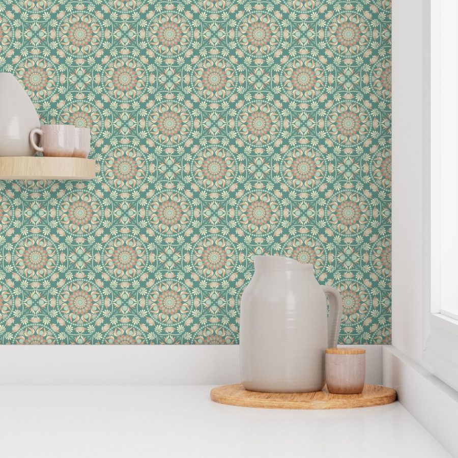 Small Sage And Sand Retro Cheer Ornate Dot Mandala Geometric Diamond Tile