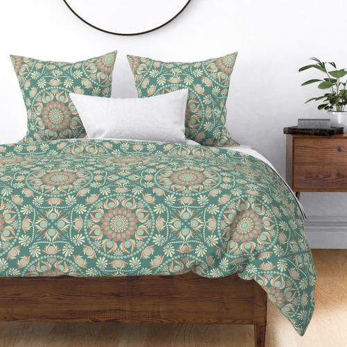 Large Sage And Sand Retro Cheer Ornate Dot Mandala Geometric Diamond Tile