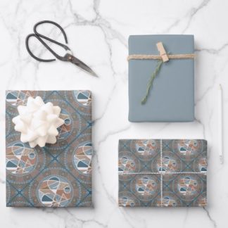 Mocha &amp; Teal Abstract Accent Mandala Diamond Tile Wrapping Paper Sheets