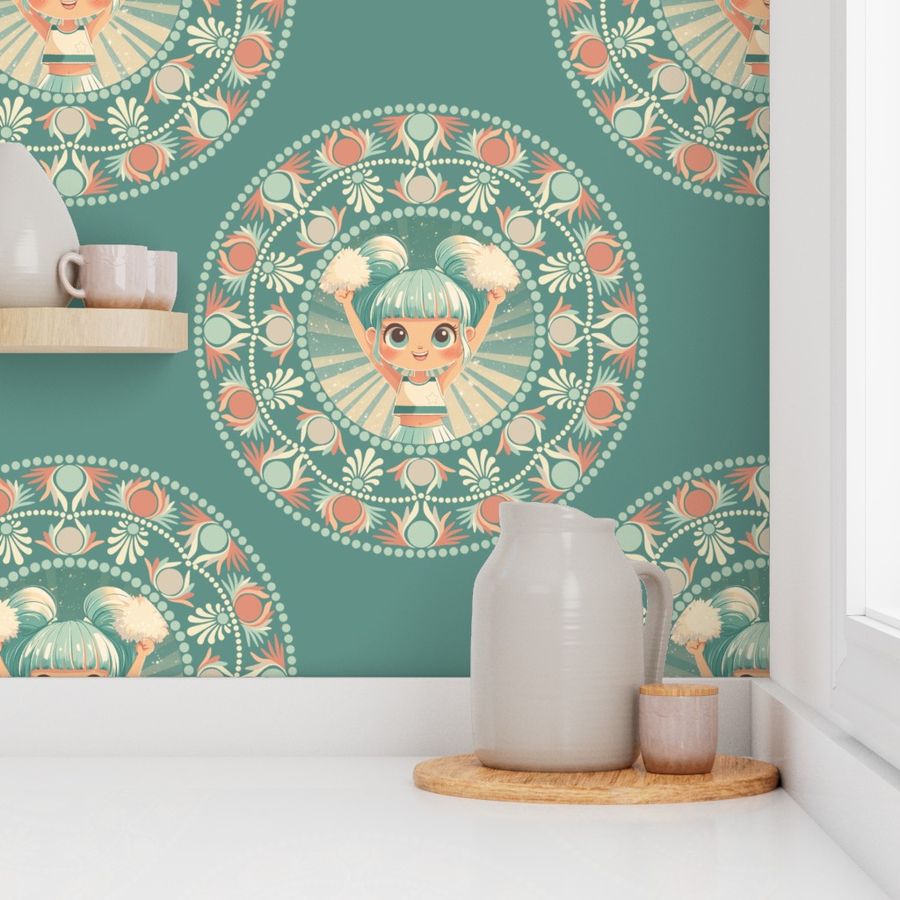Large Sage And Sand Cute Kawaii Retro Cheerleader Ornate Polka Dot Mandala