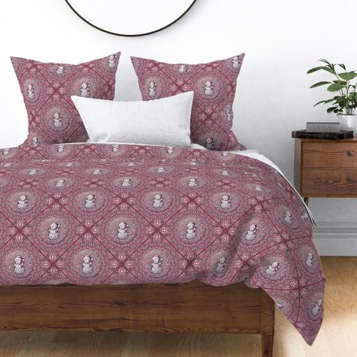 Medium Whimsical Pink Snowman Wintery Dot Mandala Geometric Diamond Tile