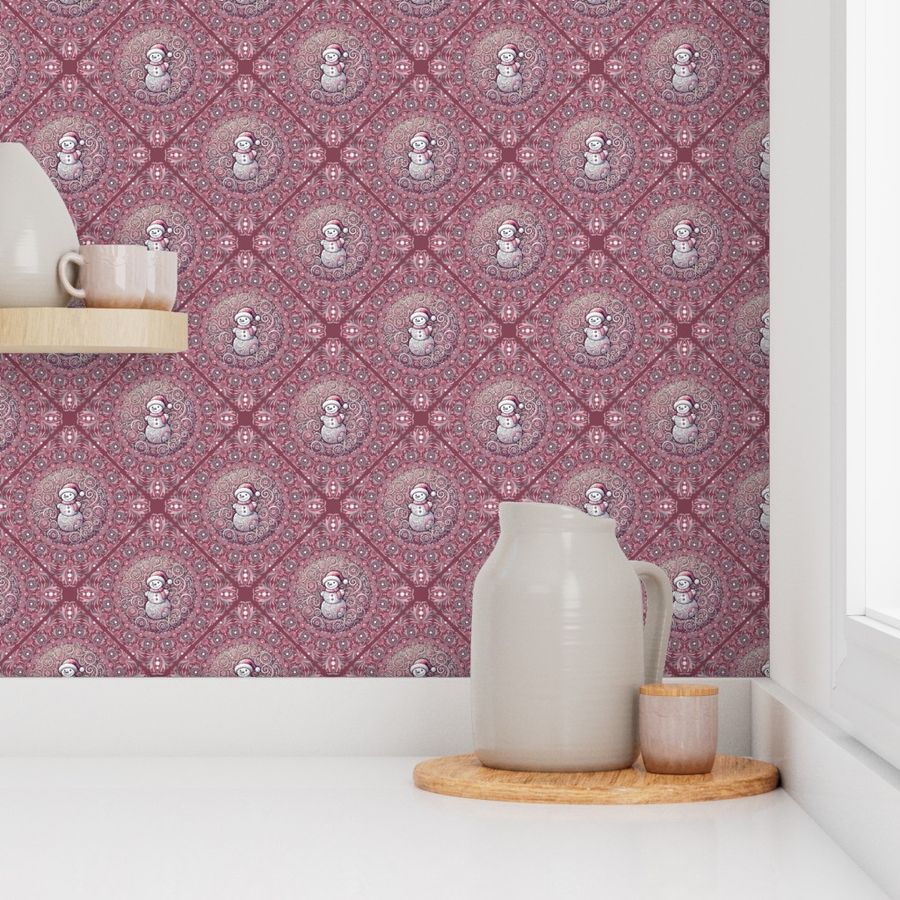 Small Whimsical Pink Snowman Wintery Dot Mandala Geometric Diamond Tile