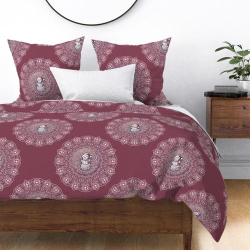 Large Wintery Whimsical Pink Snowman Ornate Rosette Polka Dot Mandala