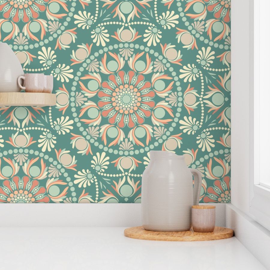 Large Sage And Sand Retro Cheer Ornate Dot Mandala Geometric Diamond Tile