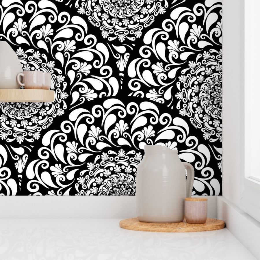 Large Black And White Paisley Floral Rosette Art Deco Scallop