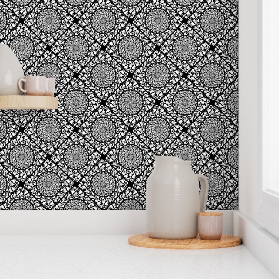 Small Black And White Paisley Floral Rosette Mandala Heritage Diamond Tile